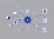 Sleek, minimalist illustration of an autonomous agent system with abstract geometric shapes in blue and gray.