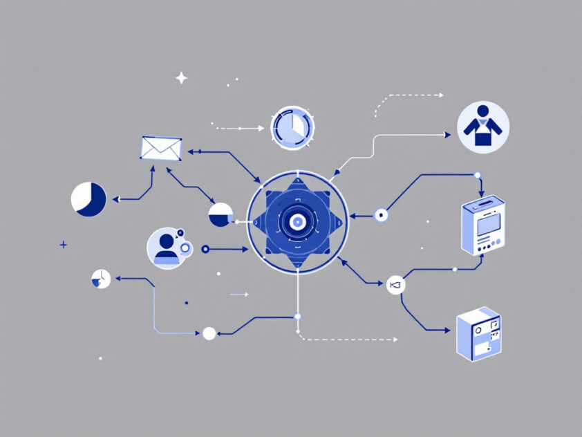 Sleek, minimalist illustration of an autonomous agent system with abstract geometric shapes in blue and gray.