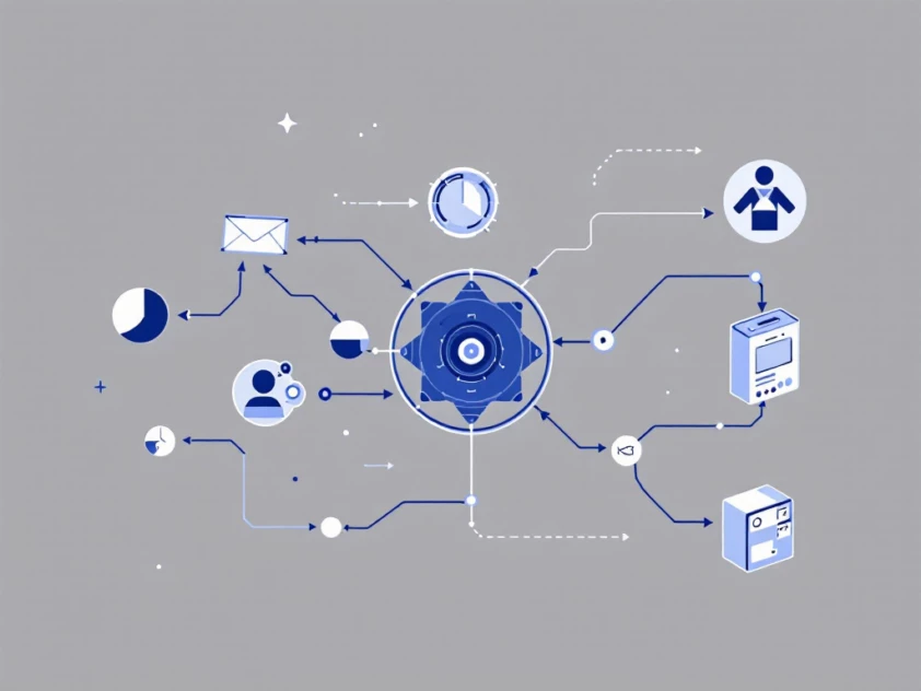 Sleek, minimalist illustration of an autonomous agent system with abstract geometric shapes in blue and gray.