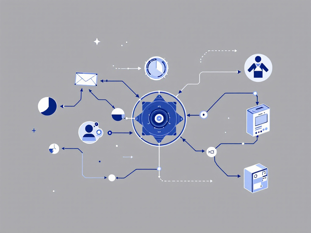 Sleek, minimalist illustration of an autonomous agent system with abstract geometric shapes in blue and gray.
