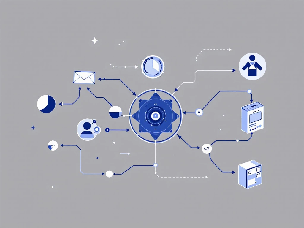 Sleek, minimalist illustration of an autonomous agent system with abstract geometric shapes in blue and gray.