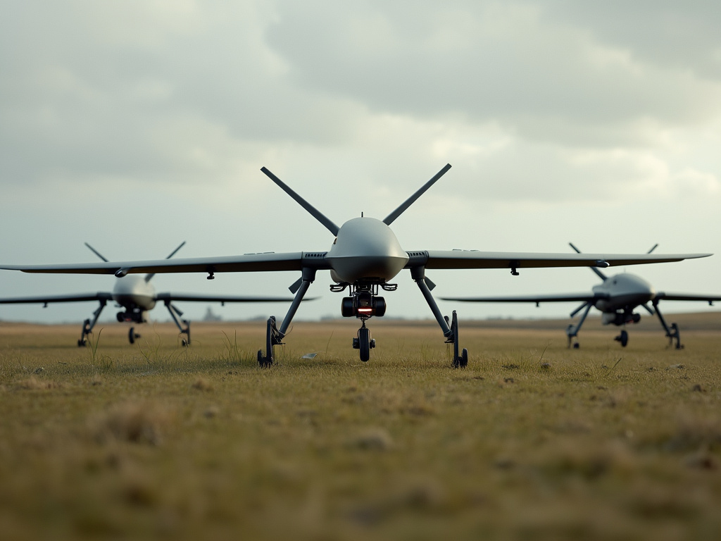 Three large UAVs designed for machine learning research on a field.