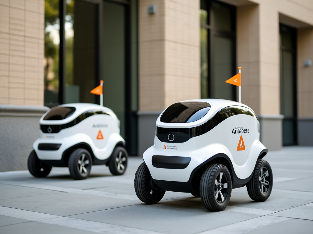 Two autonomous delivery robots with orange indicators outside a building.