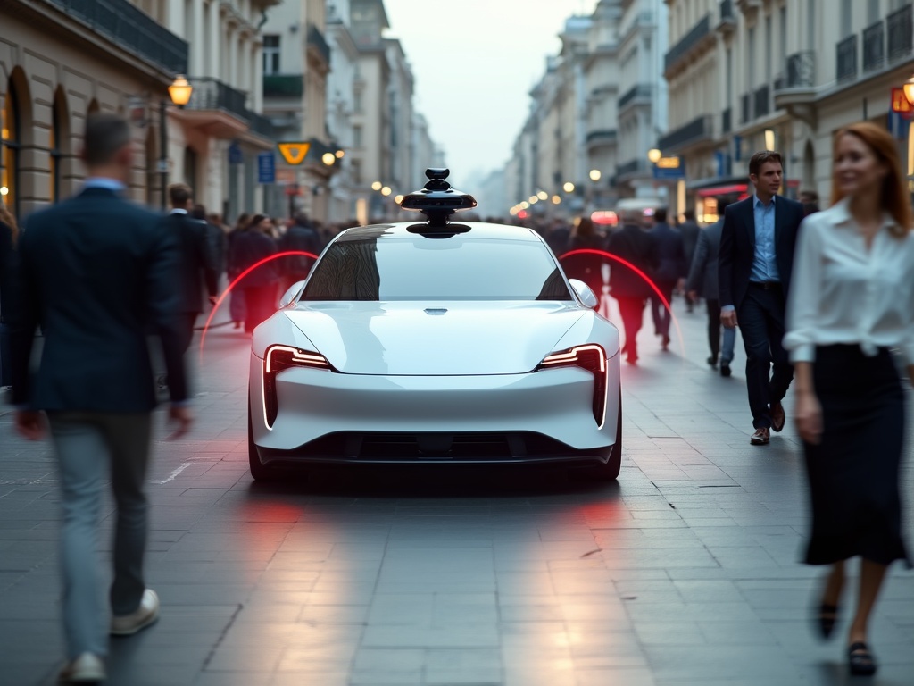 A modern autonomous vehicle emits waves in a city setting.