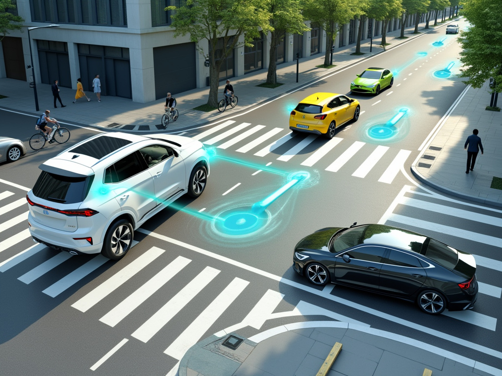 Autonomous vehicles interacting with cyclists at a city intersection.