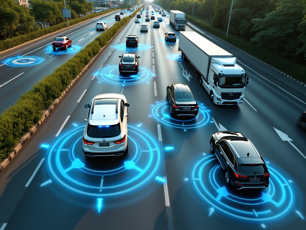 A variety of vehicles on a road with circular signal indicators for AI perception.