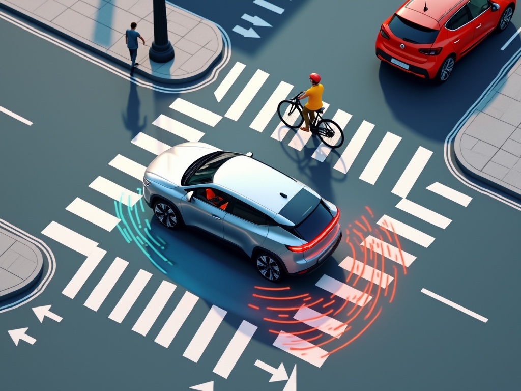 A cyclist approaches a city intersection with autonomous cars.