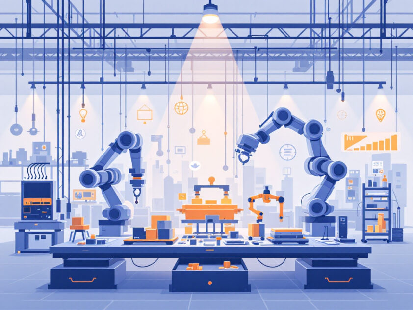 A clean, minimalist image depicting autonomous agents in a manufacturing setting, showing factory machinery and robotic arms.