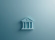 A minimalist bank building logo on a gradient background in muted shades of blue and gray.