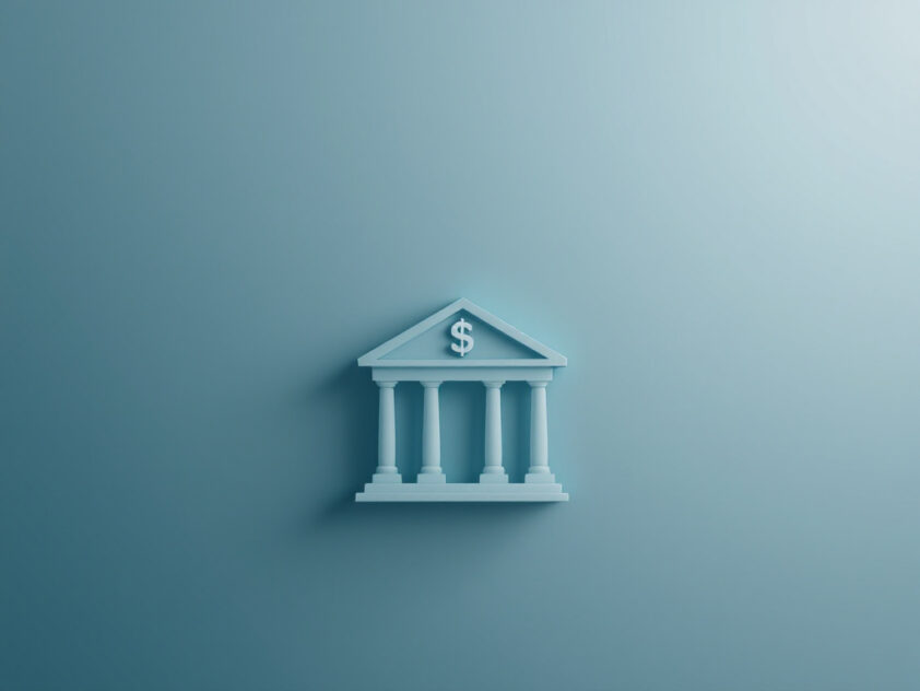 A minimalist bank building logo on a gradient background in muted shades of blue and gray.