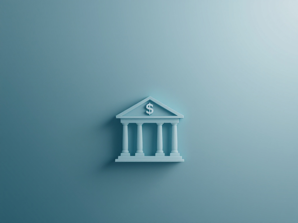 A minimalist bank building logo on a gradient background in muted shades of blue and gray.