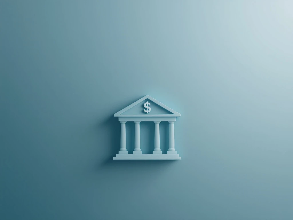 A minimalist bank building logo on a gradient background in muted shades of blue and gray.