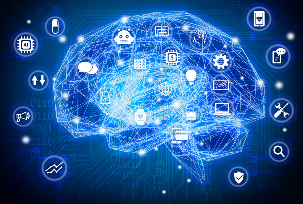 A brain with digital icons symbolizing AI aspects.