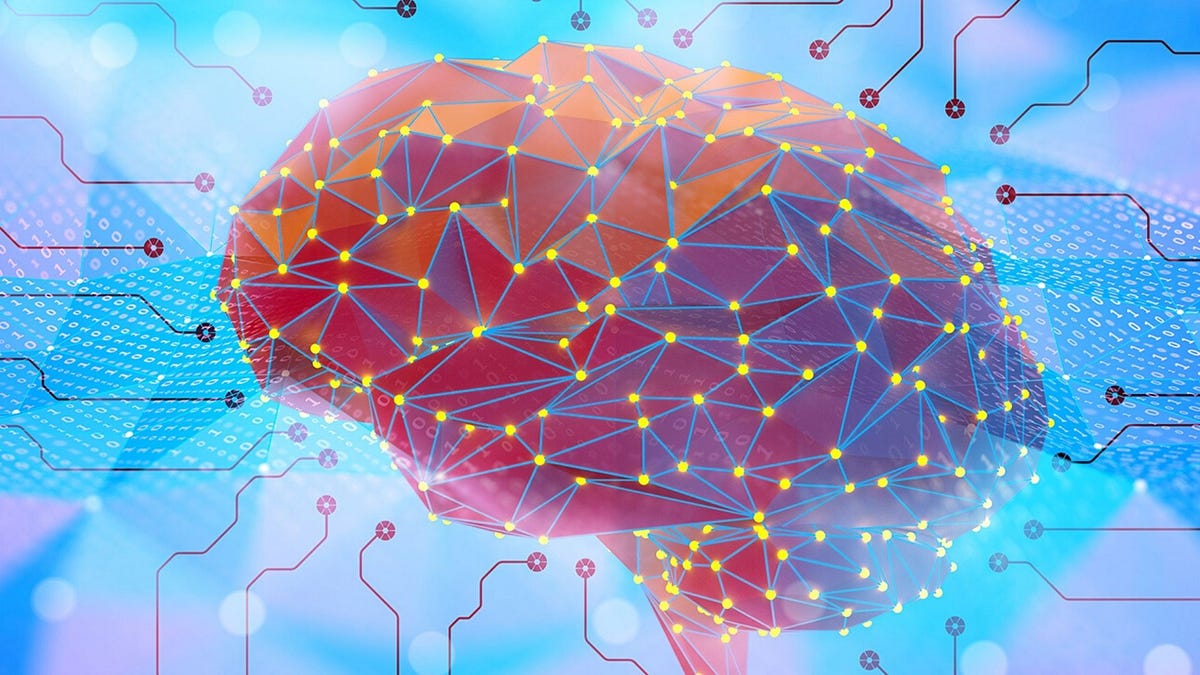 A brain with digital circuitry and binary code merging.