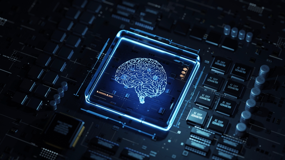 Luminous brain outline on a dark circuit board representing AI advancements.