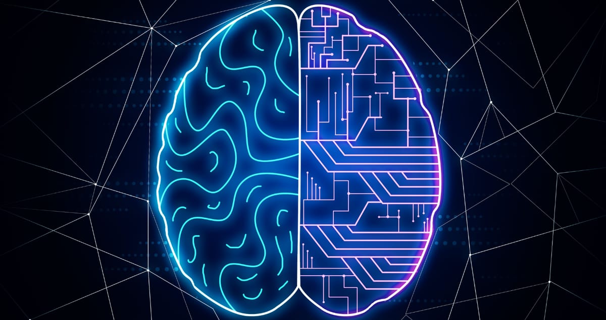 A stylized human brain split into organic and circuit patterns.