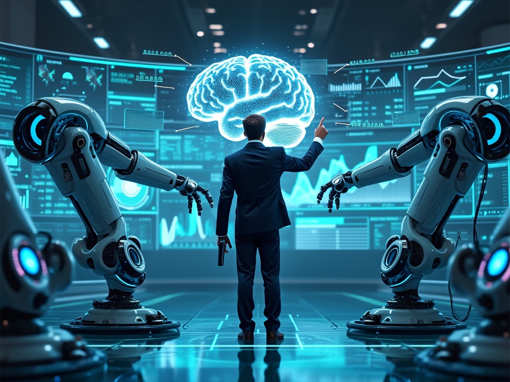 A business professional stands amidst advanced technology with robotic arms manipulating a glowing brain.