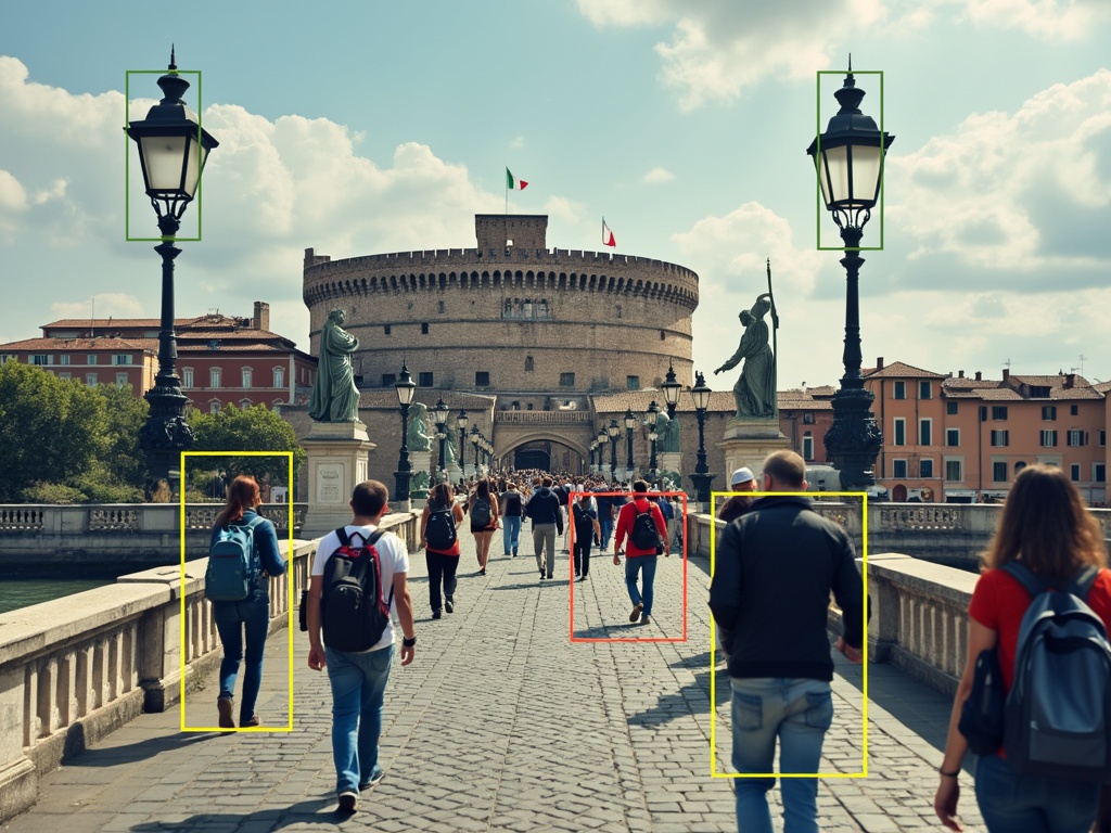 A bustling bridge with people, lampposts, and a castle background.