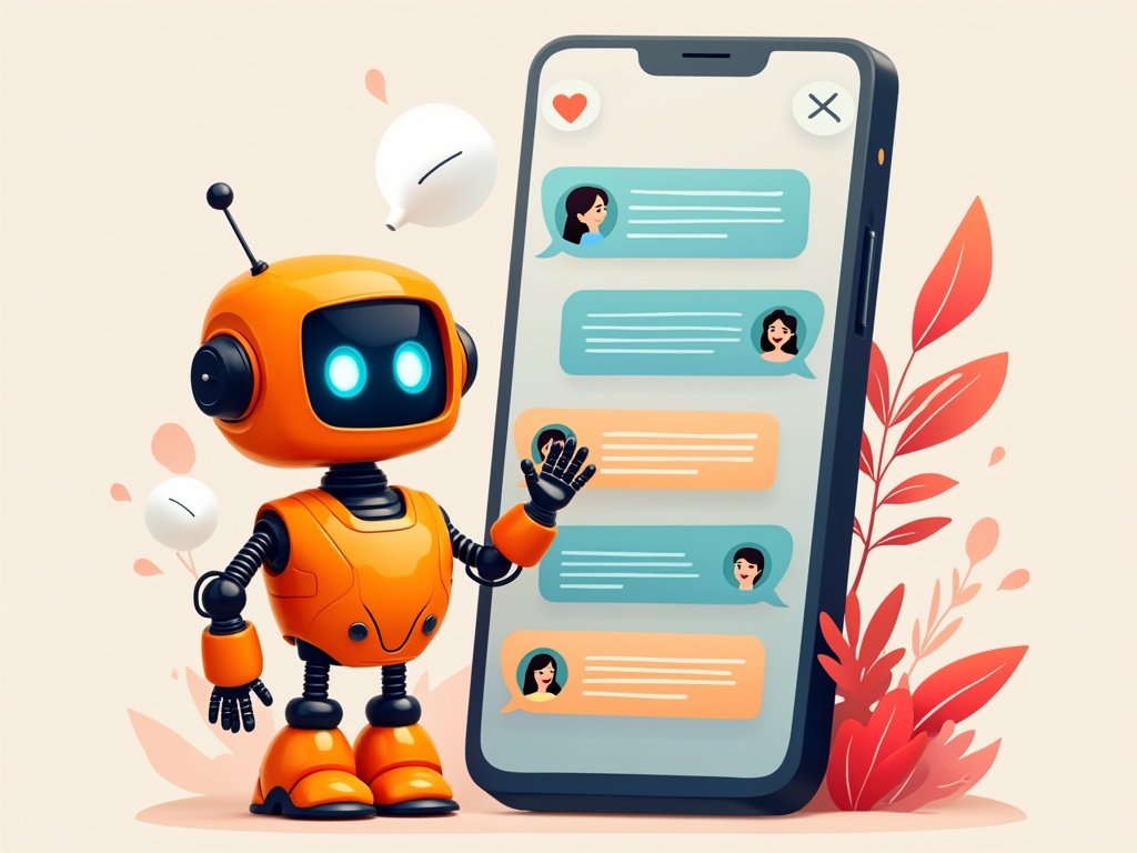 A cheerful red robot waving next to a smartphone with chat messages.