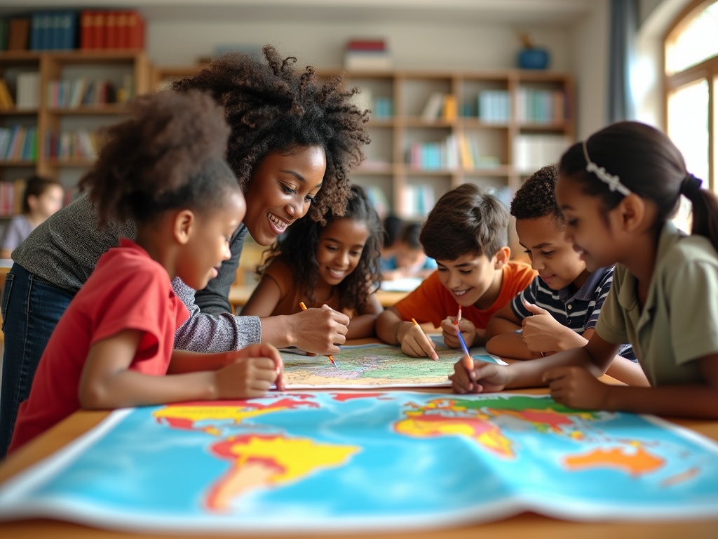 A diverse group of children working on a geography project.