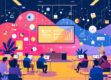 A minimalist illustration of a classroom featuring geometric shapes representing multi-agent systems in education.