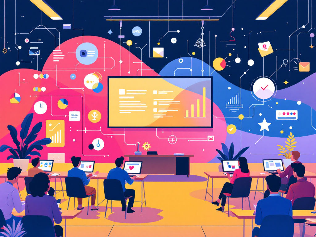 A minimalist illustration of a classroom featuring geometric shapes representing multi-agent systems in education.