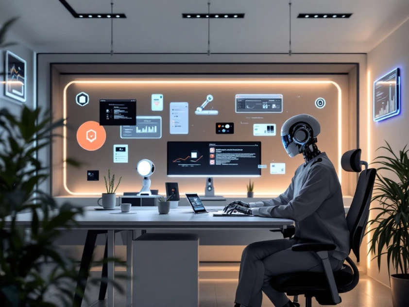 A clean, minimalist office scene with technological elements like digital interfaces and robotic assistants.