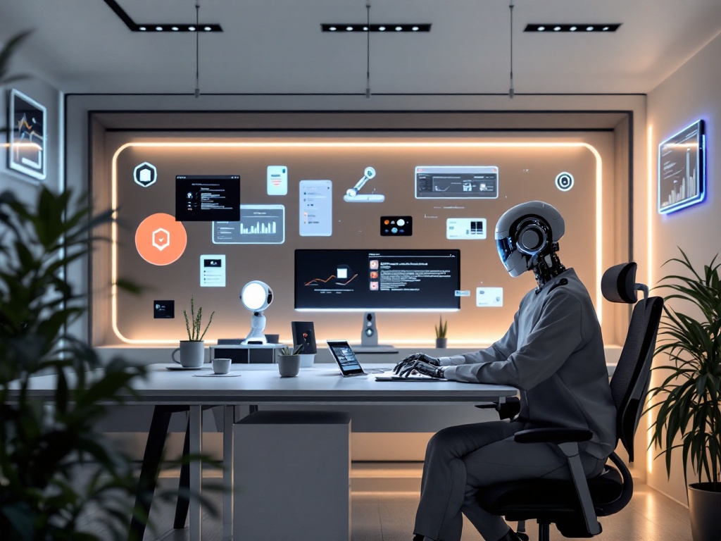 A clean, minimalist office scene with technological elements like digital interfaces and robotic assistants.