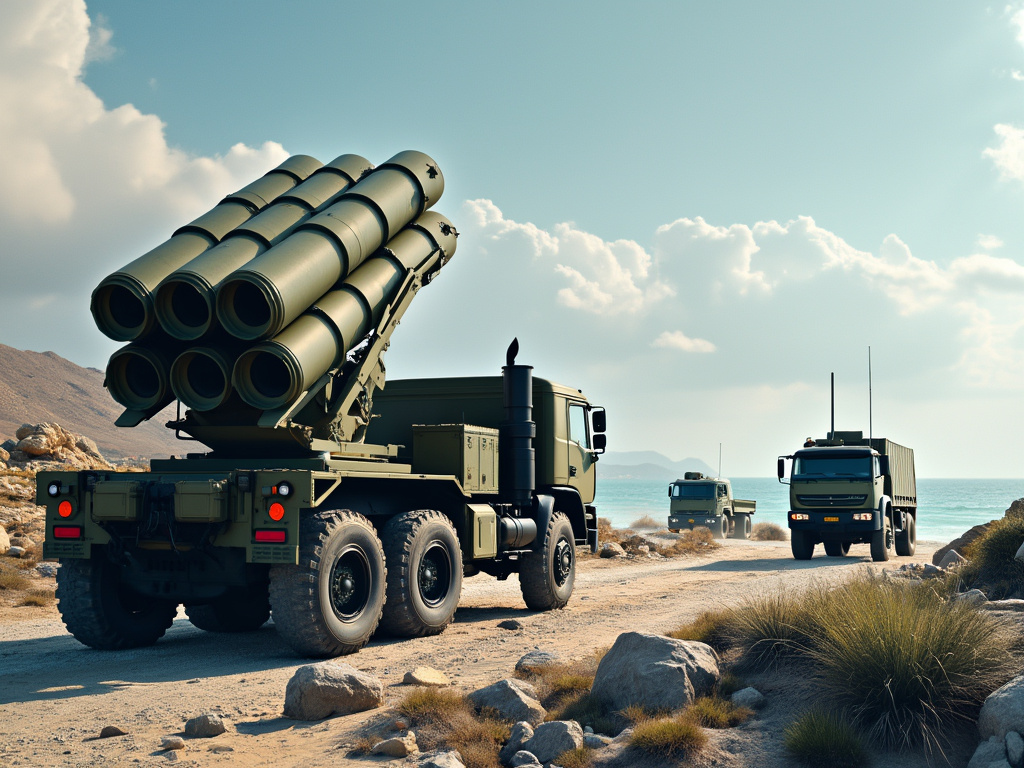 A military coastal defense system with missile launchers and vehicles.