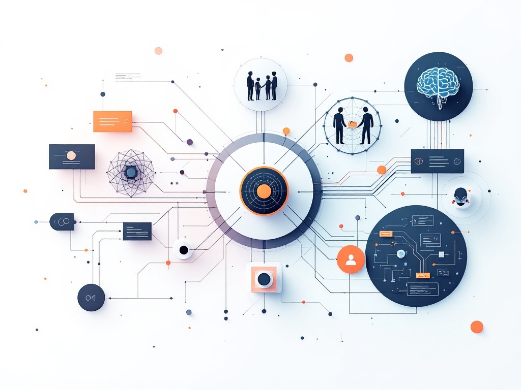 Abstract minimalist visual representation of a cognitive agent architecture with geometric shapes and dynamic information flow.