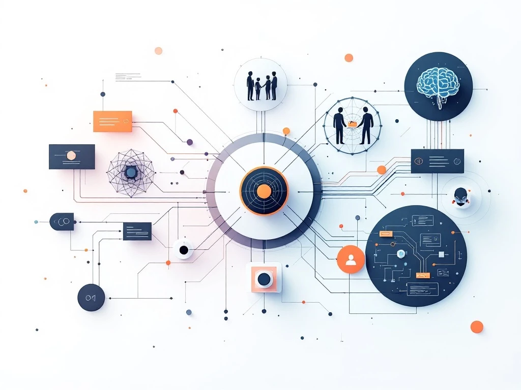 Abstract minimalist visual representation of a cognitive agent architecture with geometric shapes and dynamic information flow.