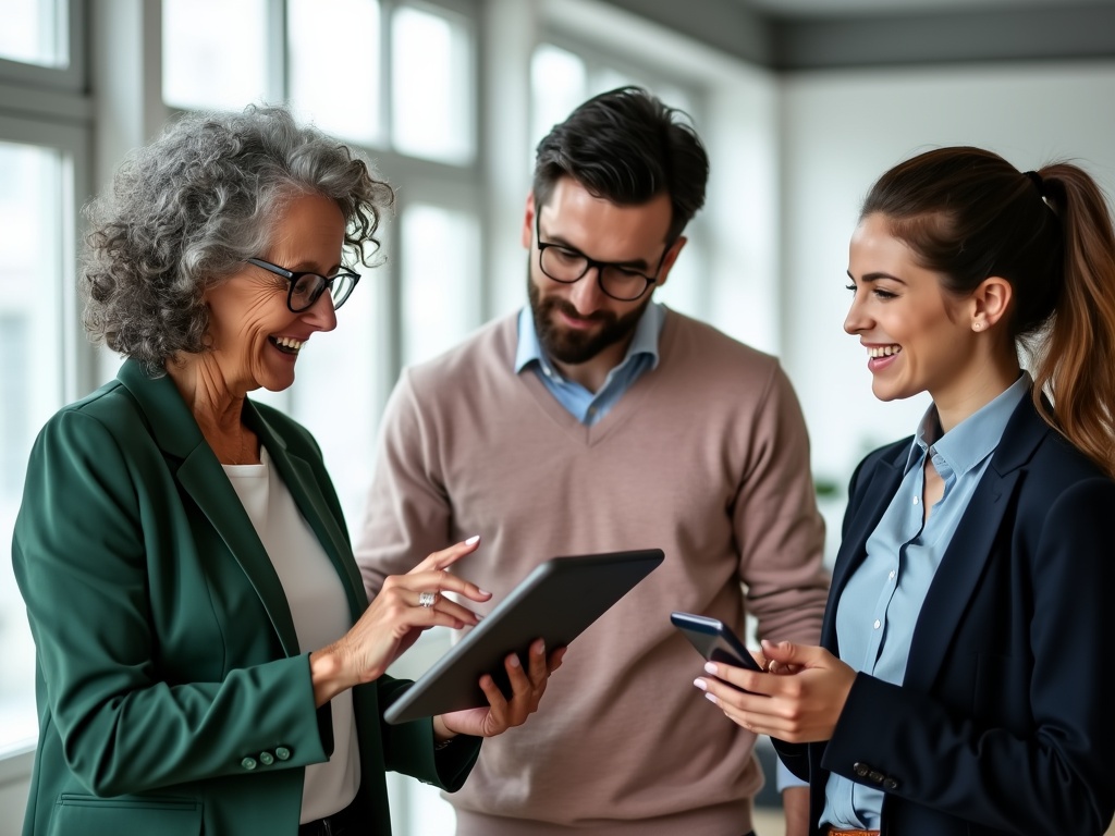 Three professionals discuss personalized employee feedback on a tablet.