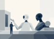 Illustration of abstract figures representing collaborative AI agents in a geometric environment.