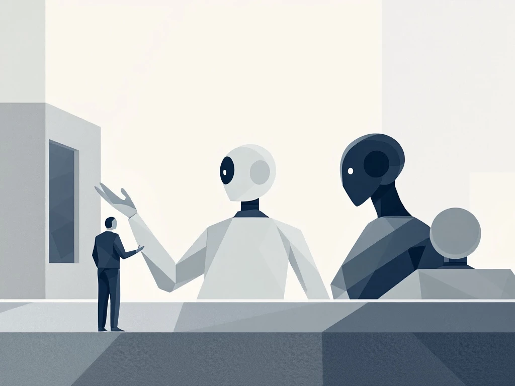 Illustration of abstract figures representing collaborative AI agents in a geometric environment.