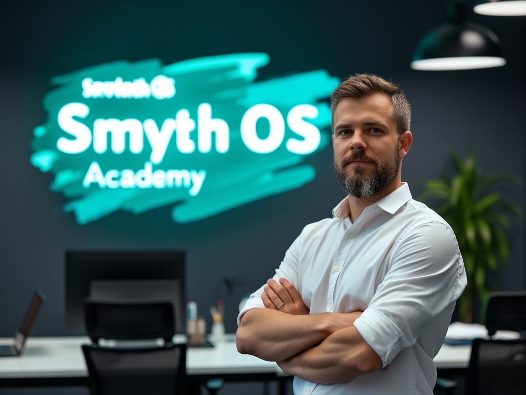 A man with short hair and a beard stands confidently in a modern office.