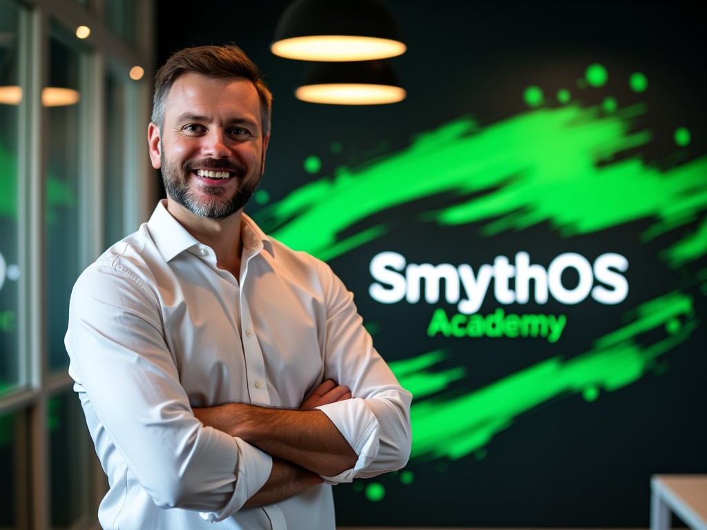 A man in a white shirt stands confidently in front of SmythOS logo.