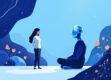 A minimalist illustration depicting a human figure conversing with an abstract geometric AI assistant, representing natural language processing and conversational AI.