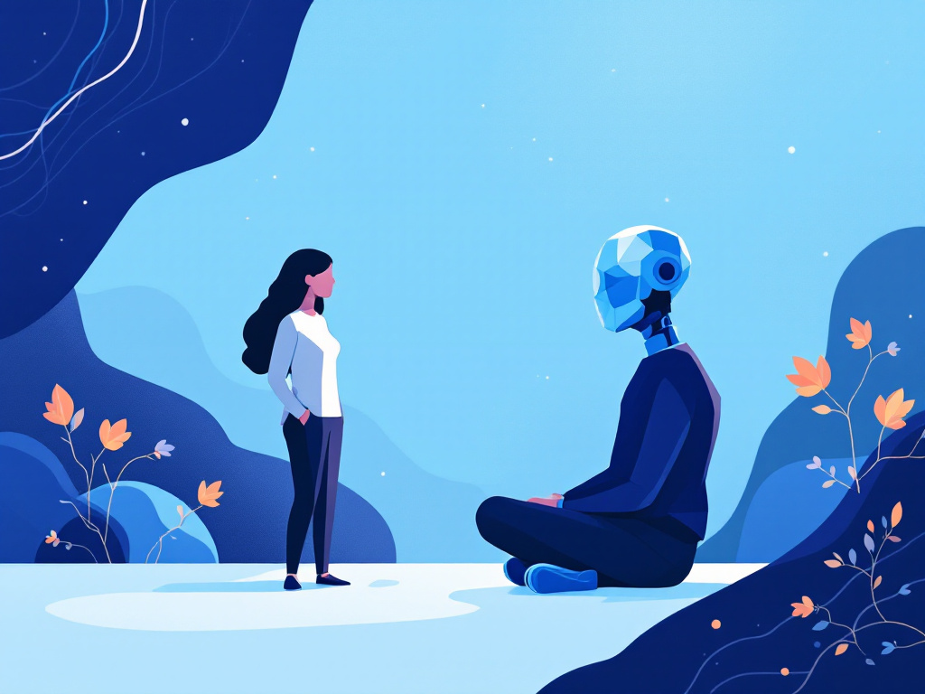 A minimalist illustration depicting a human figure conversing with an abstract geometric AI assistant, representing natural language processing and conversational AI.