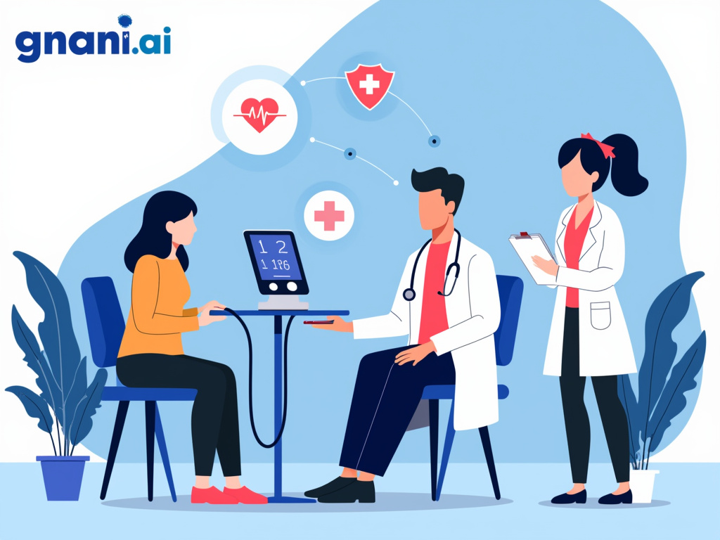 A nurse taking a patient's blood pressure while a doctor checks up.