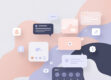A sleek, minimal digital interface featuring messaging app icons and abstract geometric shapes in muted colors.