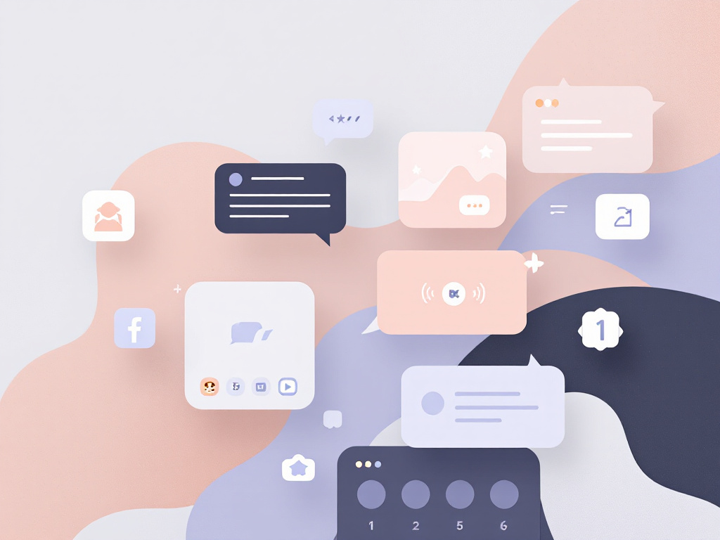 A sleek, minimal digital interface featuring messaging app icons and abstract geometric shapes in muted colors.