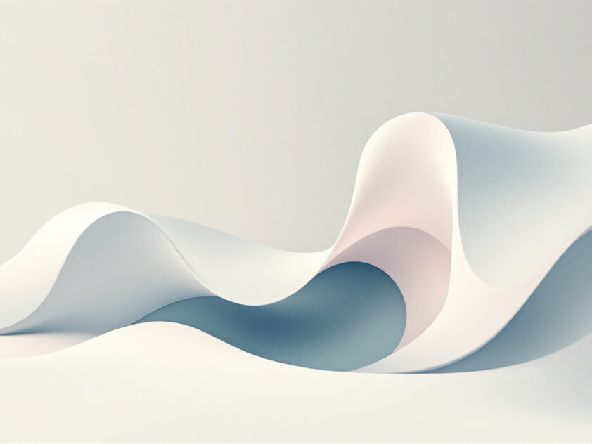 A clean, minimalist composition featuring a stylized abstract shape in soft, muted tones representing conversational banking and AI integration.