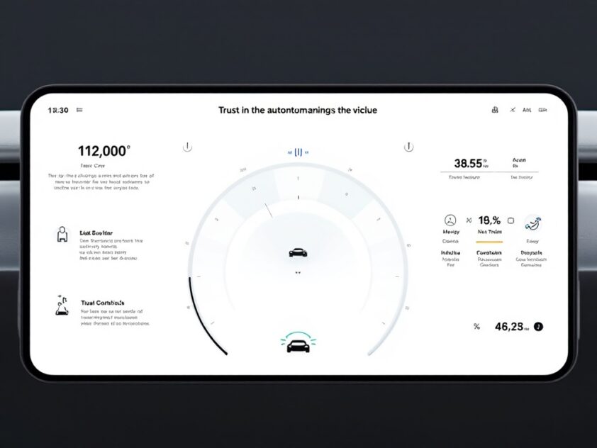 A sleek, minimalist dashboard display showcasing visual indicators and intuitive controls of an autonomous vehicle.
