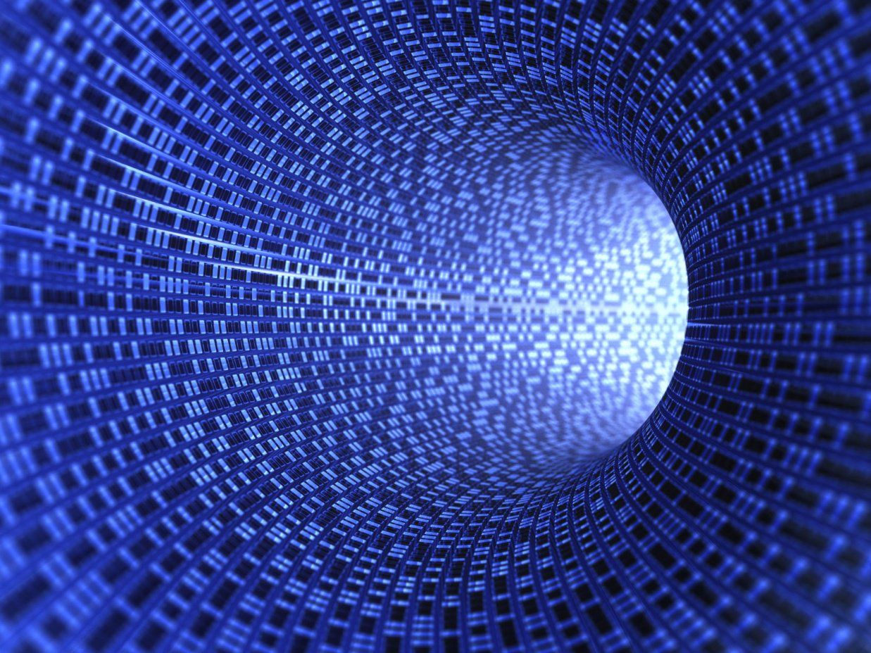 A tunnel-like structure with blue and black grids representing data flow.