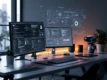 A sleek, minimal desktop workspace with various digital devices and interfaces, showcasing AI development.