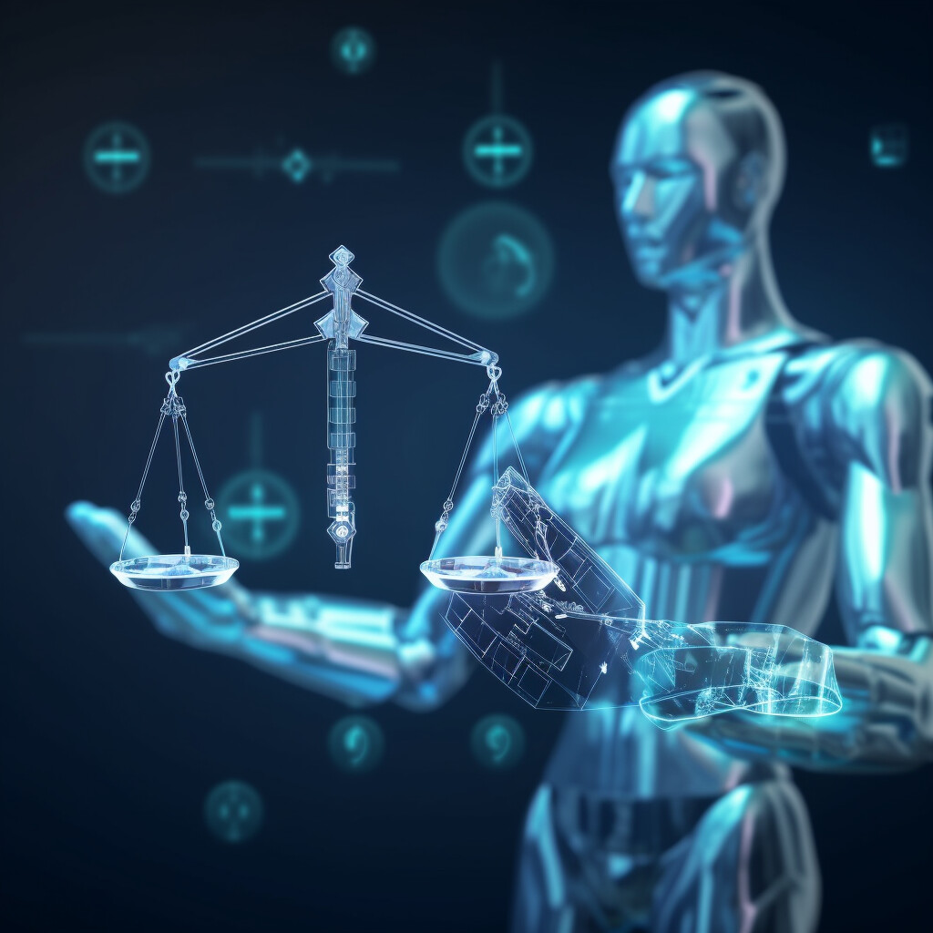 Humanoid figure with digital elements holding justice scales and data.