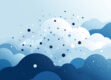 A swarm of geometric shapes on a cloud-like background in shades of blue and gray.