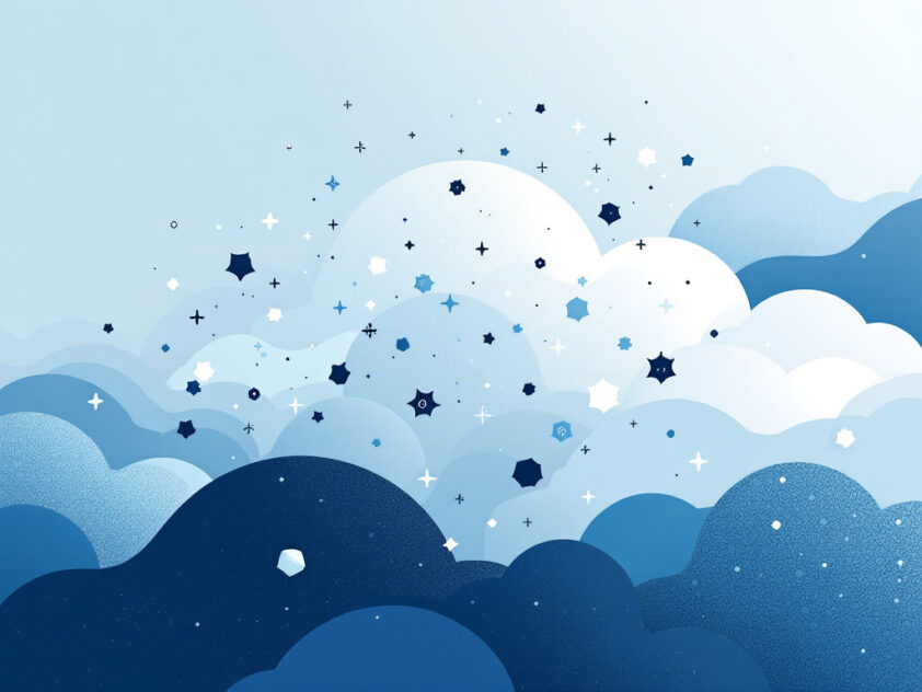 A swarm of geometric shapes on a cloud-like background in shades of blue and gray.