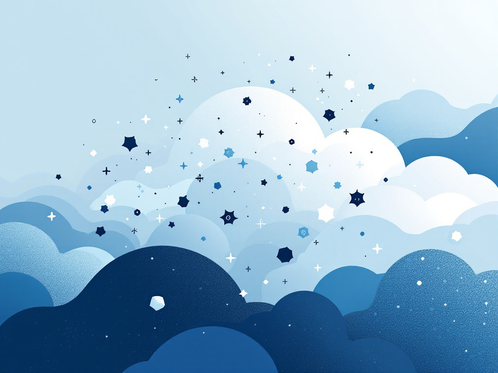 A swarm of geometric shapes on a cloud-like background in shades of blue and gray.