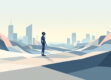 A clean, minimalist illustration of a digital assistant in a futuristic landscape.